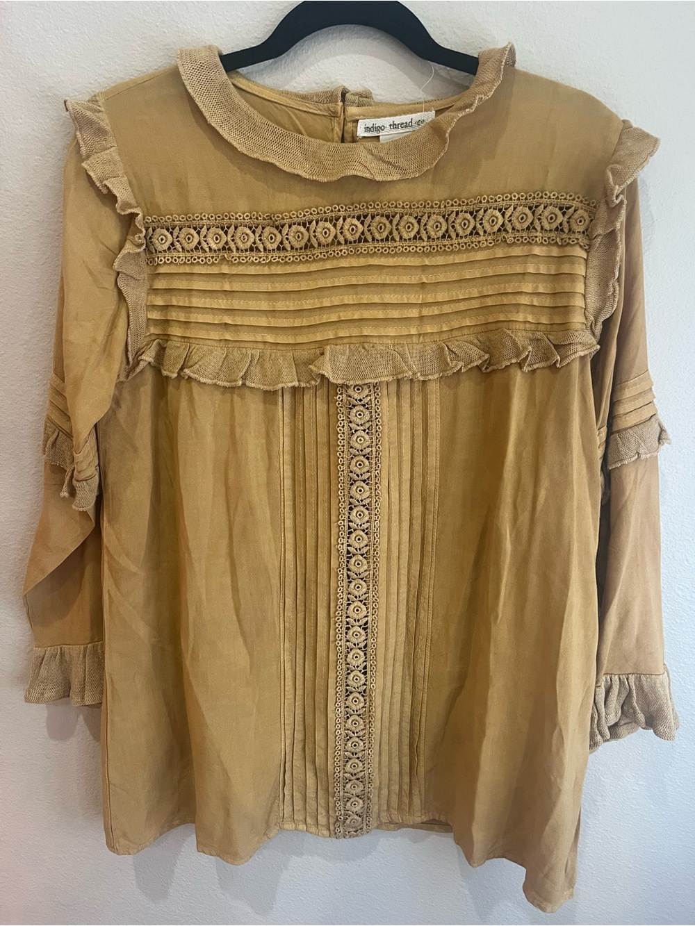 Indigo Thread Co. Women's Mustard Ruffle Pintuck Lace Blouse